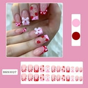 FSTDelivery 24 Pcs Press on Nails Medium Square Fake Nails with Bow Strawberry Designs Pink French Tip Nails Press ons Red Acrylic Nails Nude False Nails Heart Stick on Nails for Women, Clearance