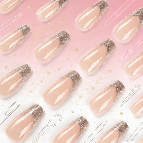FSTDelivery 24PCS Long Coffin Fake Nails White Nude French Classic Glue on Nails Set for Women Girls,Acrylic Shine Stick on Nails for Office Daily Wedding,Full Nail Wrap Gift for Valentine Holiday