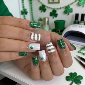 FSTDelivery 24pcs St.Patrick's Fake Nail for Women Girls,Green Clover Press on Nails,Reusable Spring Daily Wear False Nails,French Short Square Glossy Acrylic Nails for Holiday Engagement Party