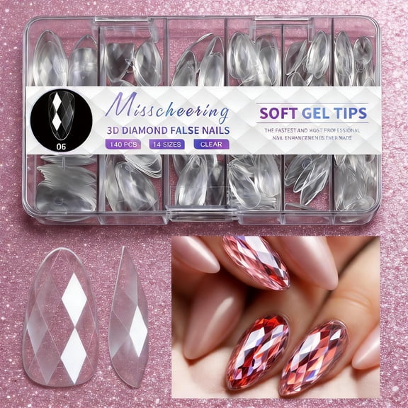 FSTDelivery 3D Rhomb Polygel Nail,Extension Clear Full Cover False Nail Tips,Gel Acrylic Almond Fake Nails 14 Sizes,Clear Irregular Artificial Press on Nail for Women Girls Painting Diy Style6,140pcs