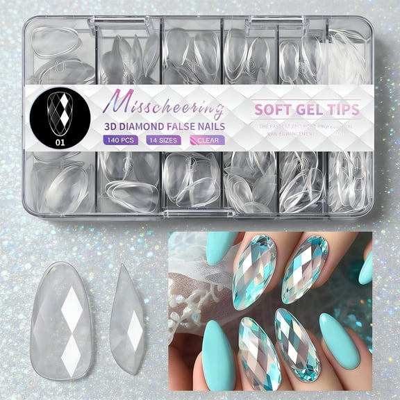 FSTDelivery 3D Rhomb Polygel Nail,Extension Clear Full Cover False Nail Tips,Gel Acrylic Almond Fake Nails 14 Sizes,Clear Irregular Artificial Press on Nail for Women Girls Painting Diy Style1,140pcs