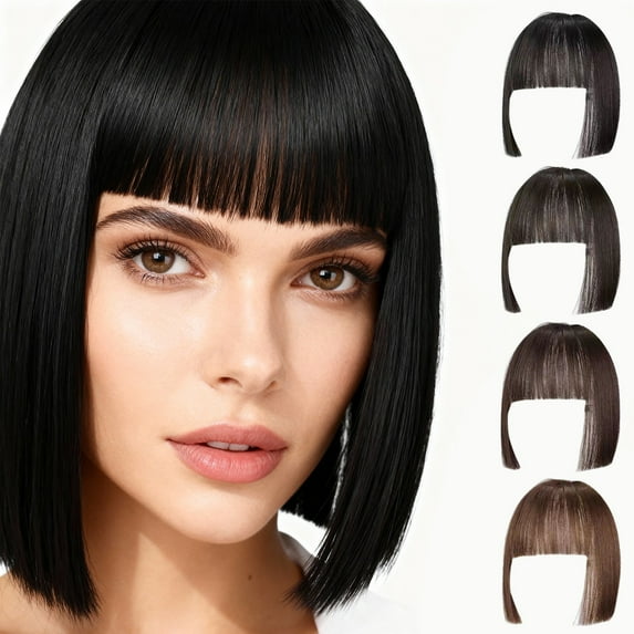 FSTDelivery Brown Wig with Bangs, Short Black Wig for Women Straight Wigs Heat Resistant Synthetic wig Cospaly Daily Party Use, Lifelike Three Knife Wig