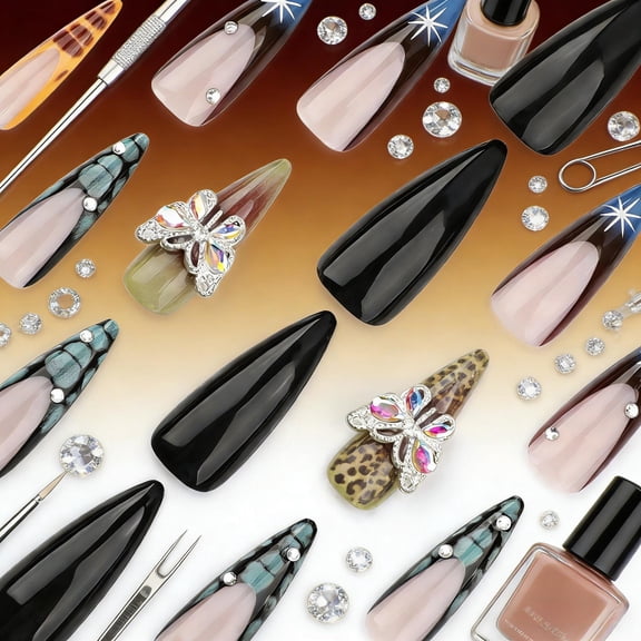 FSTDelivery French Glossy Press on Nails Set for Women Girls,Dark Long Almond Tips Fake Nails Acrylic Shine Stereo Butterfly Nails Full Cover for Office Daily Wedding,Gift for Valentine's Holiday