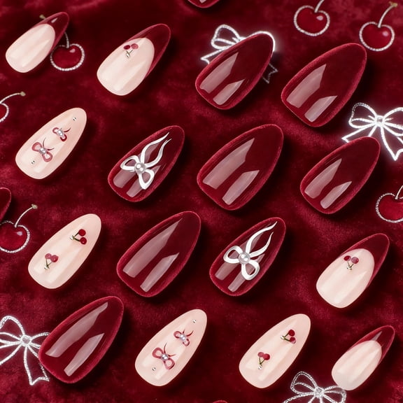 FSTDelivery French Sweet Glossy Press on Nails Set for Women Girls,Wine Red Short Almond Fake Nails Acrylic Shine Bowknots Nails for Daily Wedding,Full Nail Wrap Gift for Valentine's Holiday 24pcs