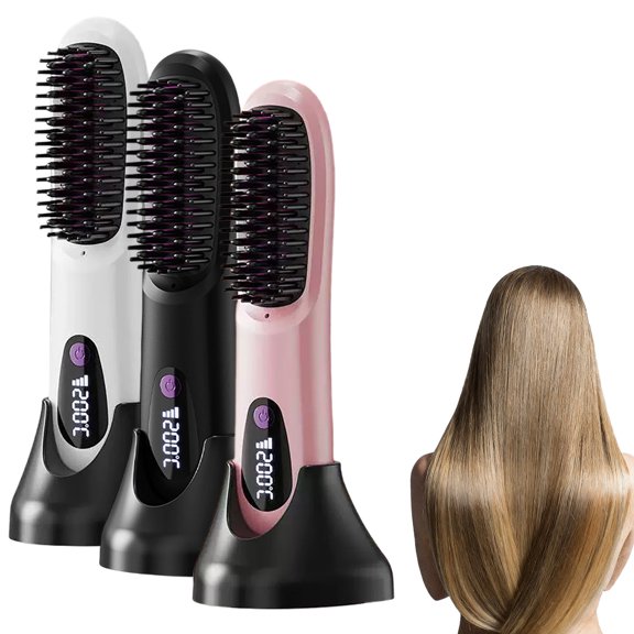 FSTDelivery LCD Charging Straight Hair Comb, Portable Negative Ion Styling Comb Straightener for Short Hair Bob Bangs, Gentle Non-Damaging Heating Comb with Ceramic Bristles, Rechargeable Travel