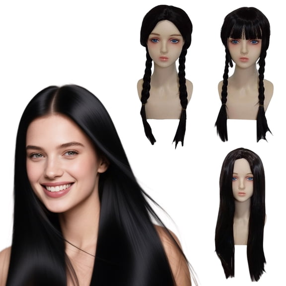 FSTDelivery Long Black Braids Middle Parted Wig, Pigtails for Party Costume, Synthetic Hair   Net Cap for Women Kids Girls