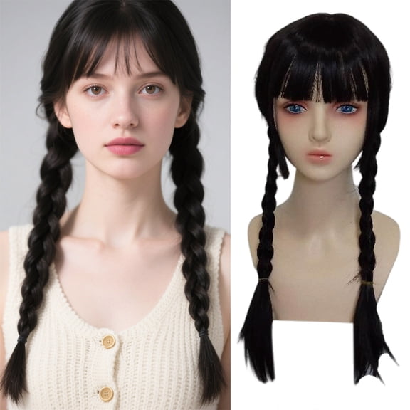 FSTDelivery Long Black Straight Braids Wig with Bangs and 2 Pigtails for Women Girls,Long Pre-stretched Non Toxic Party Costume Halloween Costume,Adjustable Synthetic Wig for Daily and Black
