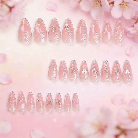 FSTDelivery Nude French Tip Press on Nails,Long Almond Fake Nails with Transparent Swirl Lines Designs 3D,Glossy Full Cover Glue on Nails Cute Artificial Stick on Nails for Women Girls Holiday 24pcs