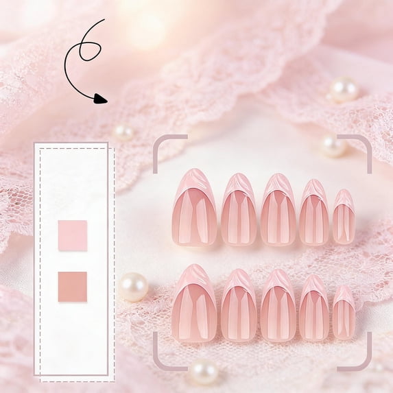 FSTDelivery Pink French Tip Press on Nails,Short Almond Fake Nails with Swirl Lines 3D,Acrylic Glossy Full Cover Glue on Nails Cute Artificial Stick on Nails for Women Girls Manicure Holiday 24pcs