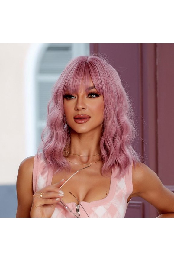 Pink Short Wave Wigs with Fringe Shoulder Length Wig Curly Wavy Synthetic Cosplay Wigs for Women, High Temperature Silk Curly Wig 12 inch