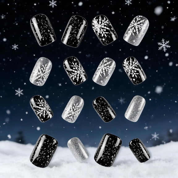 FSTDelivery Reusable Snowflakes Press on Nails,Black Short Square Fake Nails,Acrylic Glossy Glue on Nails,Winter Christmas False Nails for Women Girls Holiday Daily Appointment Home Office Wear 24pcs
