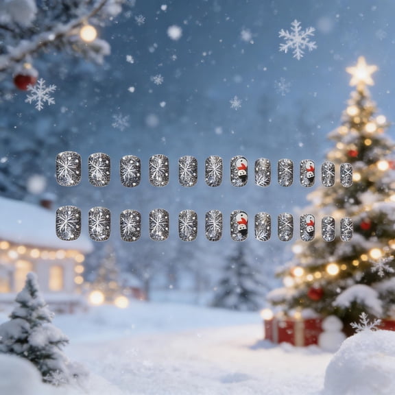 FSTDelivery Reusable Snowman Press on Nails,Gray Short Square Fake Nails,Acrylic Glossy Glue on Nails,Winter Christmas False Nails for Women Girls Holiday Daily Appointment Home Office Wear 24pcs