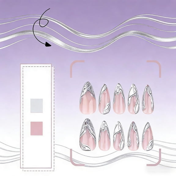 FSTDelivery Silver French Tip Press on Nails,Long Almond Fake Nails with Swirl Lines 3D,Acrylic Glossy Full Cover Glue on Nails Cute Artificial Stick on Nails for Women Girl Manicure Holiday 24pcs