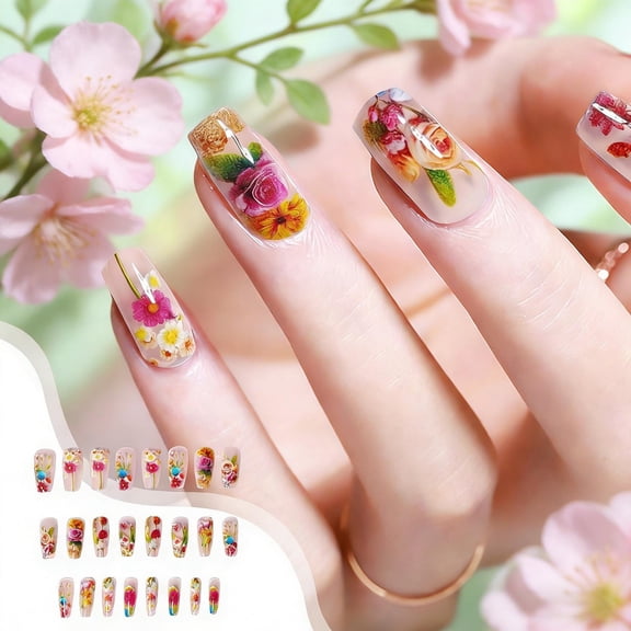 FSTDelivery Transparent Realistic Flowers Press on Nails,Long Coffin Fake Nails Gorgeous Acrylic Glossy Glue on Nails,Reusable Winter False Nails for Women Girls Holiday Daily Appointment Wear 24pcs