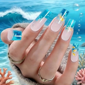 FSTDelivery Transparent Realistic Goldfish Group Press on Nails,Coffin Fake Nails Summer Acrylic Glossy Glue on Nails,Reusable Winter False Nails for Women Girls Holiday Daily Appointment Wear 24pcs