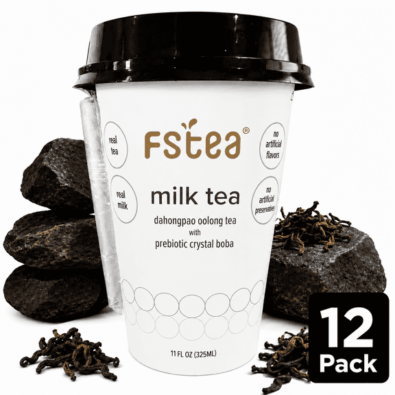 FSTea Ready-to-Drink Dahongpao Oolong Boba Milk Tea with Crystal Boba, 12 Pack