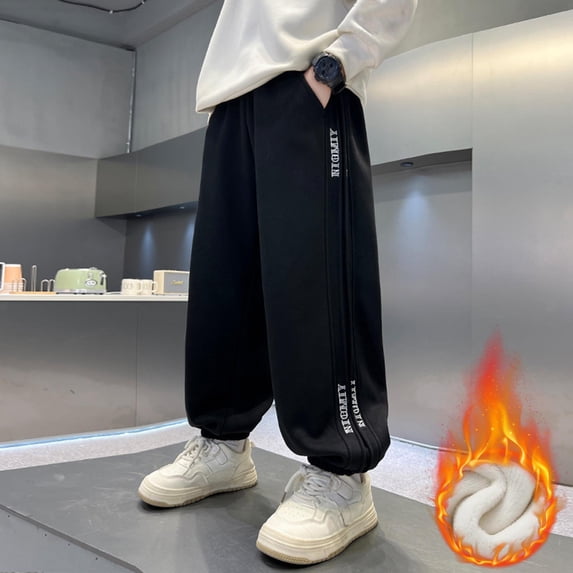 FSYBOA Boys Cotton Jogger Sweatpants Size 6,Elastic Bottom Casual Thickened Elastic Waist Fall Pants Black