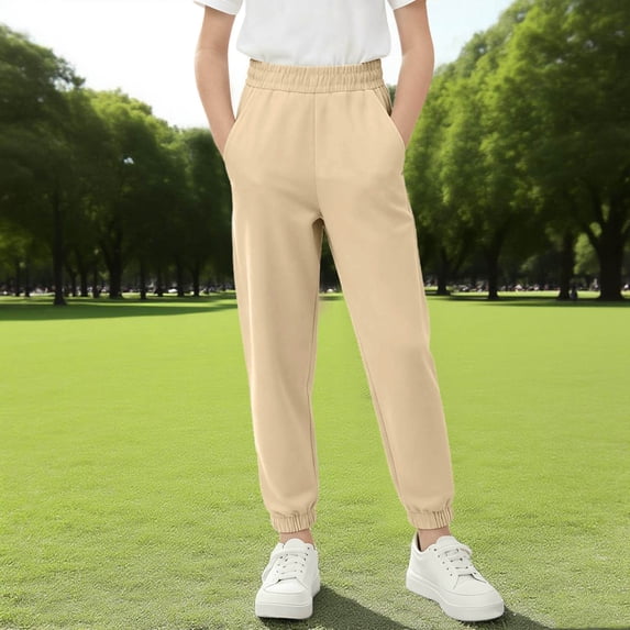 FSYBOA Boys Cotton Jogger Sweatpants, Sports Casual Elastic Waist Elastic Bottom Fall Pants Khaki Size 9-10T