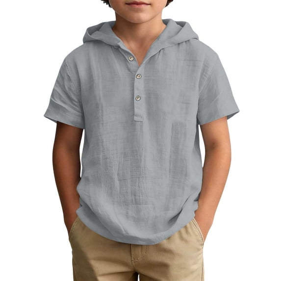 FSYBOA Boys Cotton Linen T Shirt, Casual Short Sleeve Hooded Henley Neck Kids Summer Tops Gray Size 11-12T