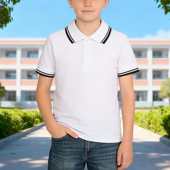 FSYBOA Boys Cotton Polo Shirts, Shorts Sleeves Soft Fashion Collared Kids Summer Tops Black Size 12-13T