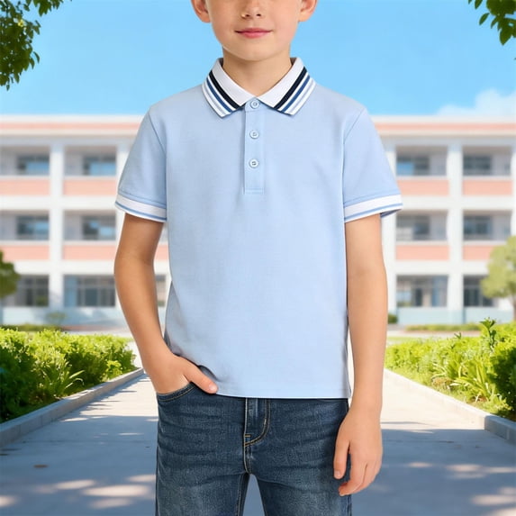 FSYBOA Boys Cotton Polo Shirts, Shorts Sleeves Summer Breathable Collared Kids Casual Tops Blue Size 3-15T