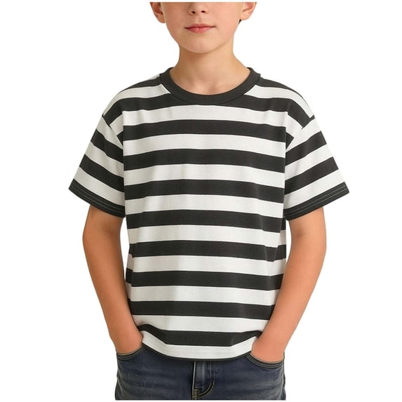 FSYBOA Boys Cotton T-shirts, Crew Neck Stripe Shorts Sleeve Kids Tees Summer Tops Black Size 10-12 T
