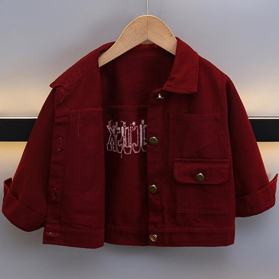 FSYBOA Boys Denim Jackets, Collared Multiple Pockets Button Fall Long Sleeve Outerwear Wine Size 1-2T