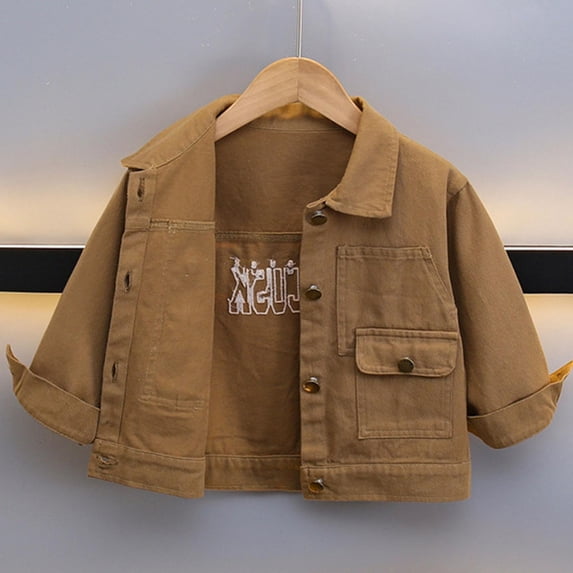 FSYBOA Boys Denim Jackets Size 5T, Collared Button Fall Multiple Pockets Long Sleeve Outerwear Khaki