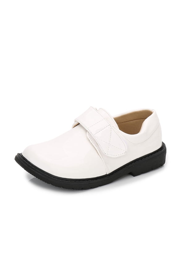 Boys Dress Shoes Size 4T, Hook and Loop Strap Soft Soled Fashion Non Slip Kids Flat Shoes White
