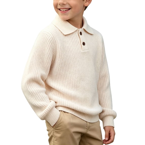FSYBOA Boys Fall Sweaters, Pullover School Collared Long Sleeve Kids Knitted Tops Beige Size 9-10T
