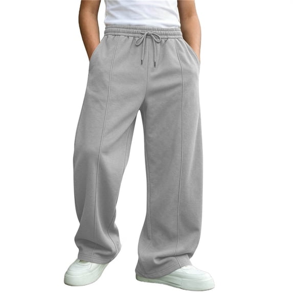 FSYBOA Boys Fleece Sweatpants, Open Bottom Straight-leg Relaxed Fit Elastic Waist Kids Athletic Pants with Pockets Gray Size 9-10T