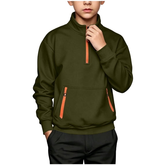 FSYBOA Boys Fleece Sweatshirt, Collared Quarter Zip Loose Fit Kangaroo Pockets Kids Fall Pullover Top Army Green Size 11-12T