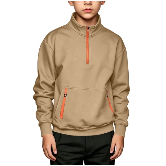 FSYBOA Boys Fleece Sweatshirt, Collared Quarter Zip Loose Fit Kangaroo Pockets Kids Fall Pullover Top Khaki Size 5-6T