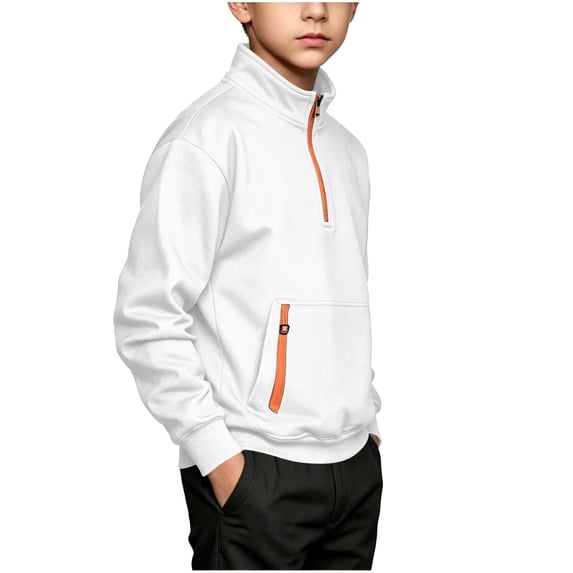 FSYBOA Boys Fleece Sweatshirt, Loose Fit Collared Kangaroo Pockets Quarter Zip Kids Fall Pullover Top White Size 9-10T