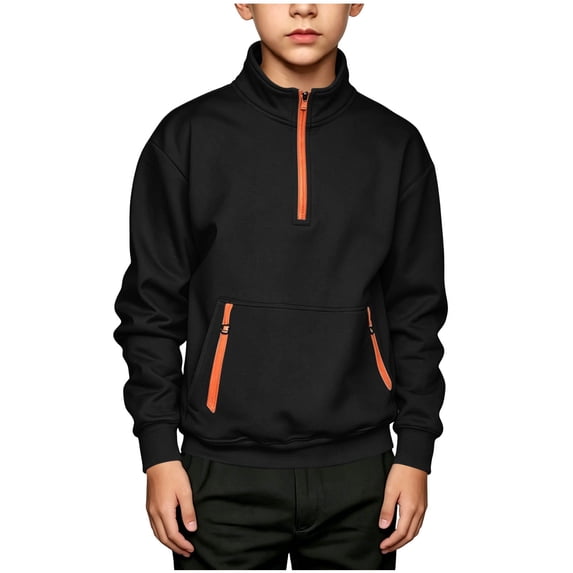 FSYBOA Boys Fleece Sweatshirt, Quarter Zip Loose Fit Kangaroo Pockets Collared Kids Fall Pullover Top Black Size 7-8T