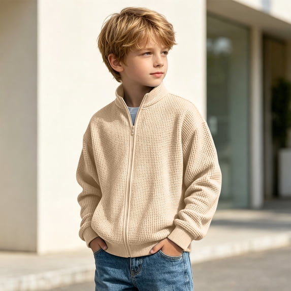 FSYBOA Boys Full Zip Sweatshirts, Fall Solid Color Long Sleeve Casual Kids Zipper Jackets Beige Size 11-12T