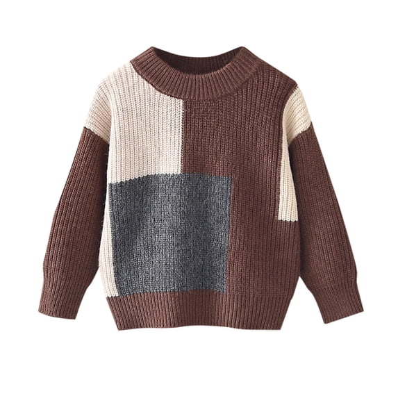 FSYBOA Boys Knit Sweaters, Color Block Pullover Crew Neck Long Sleeve Kids Fall Tops Coffee Size 3-4T