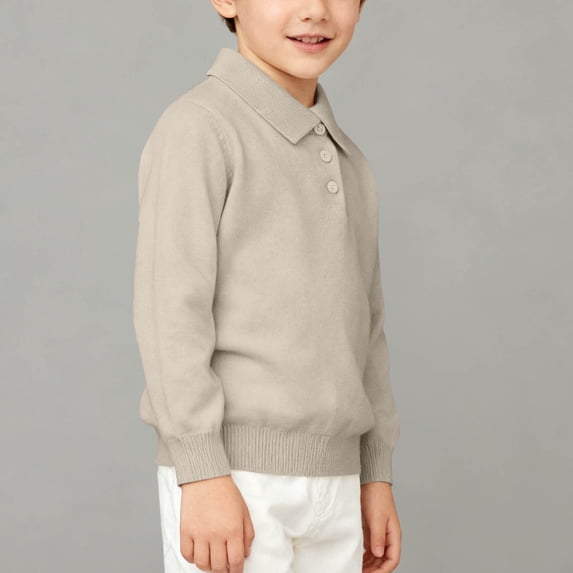 FSYBOA Boys Knit Sweaters, Pullover Collared Warm Long Sleeve Kids Fall Tops Beige Size 5-6T