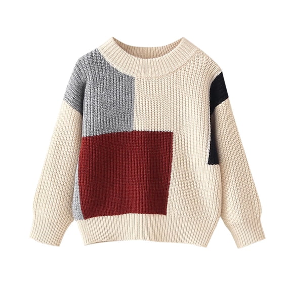 FSYBOA Boys Knit Sweaters, Pullover Color Block Crew Neck Long Sleeve Kids Fall Tops Beige Size 7-8T