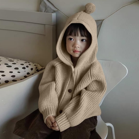 FSYBOA Boys Knit Sweaters Size 10-12T, Casual Long Sleeve Hooded Button Kids Falll Cardigan Beige