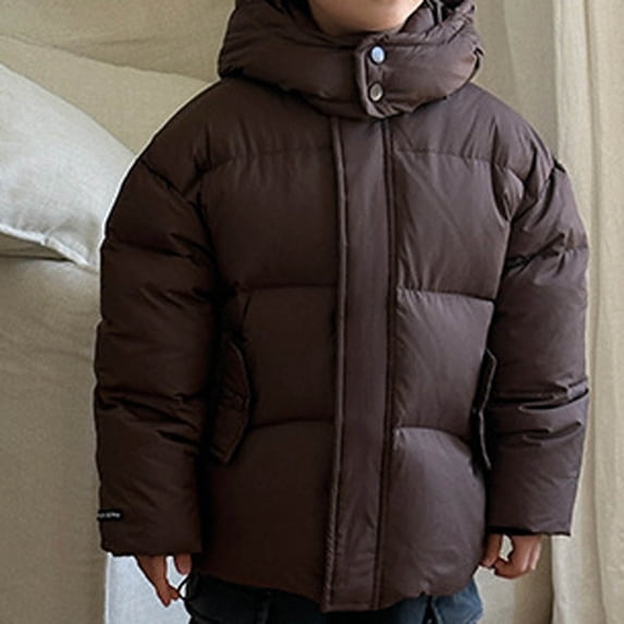 FSYBOA Boys Puffer Jacket, Cotton Losses Fit Short Hooded Kids Long Sleeve Outerwear Brown Size 7-8T