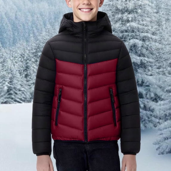 FSYBOA Boys Puffer Jacket, Winter Color Block Hooded Short Kids Long Sleeve Outerwear Wine Size 14-15T
