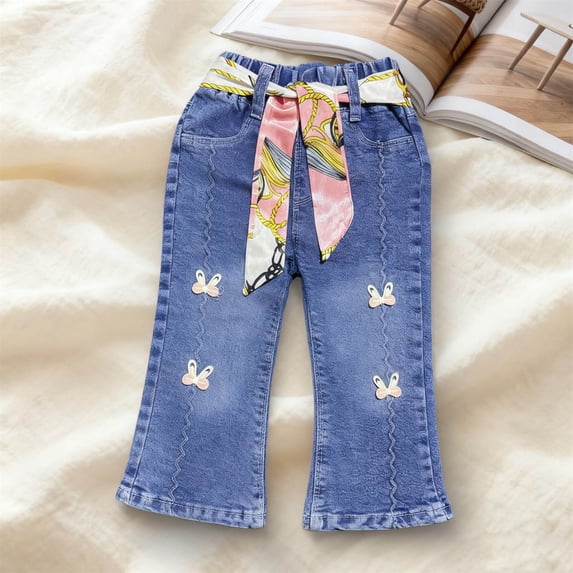 FSYBOA Flare Jeans for Girl 2026 Size 8T, Casual Comfort Outdoor Drawstring Kids Denim Pants Blue