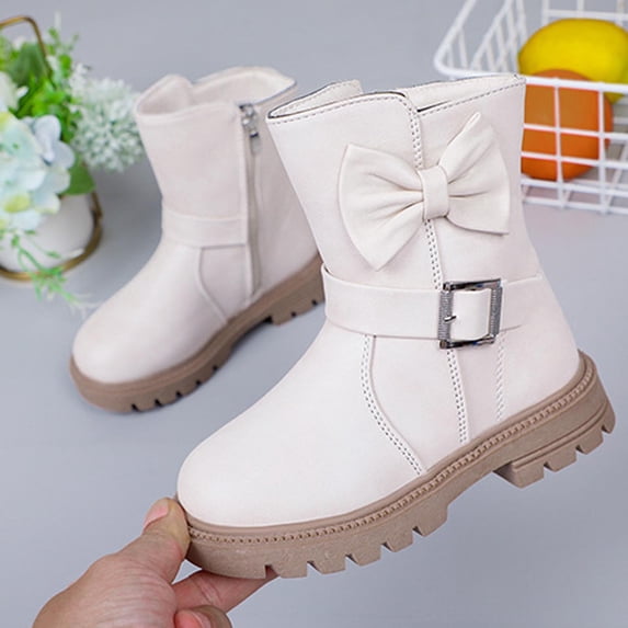 FSYBOA Girls Ankle Boots, Side Zipper Cute Round Toe Non‑Slip Kids Fall Footwear Beige Size 1.5(Big Kids)