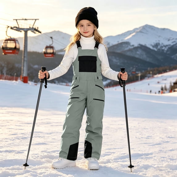 FSYBOA Girls Bib Snow Pants Size 10-12T, Windproof Multi Pocket Insulated Waterproof Kids Ski Pants Army Green