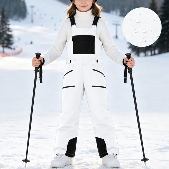 FSYBOA Girls Bib Snow Pants, Waterproof Multi Pocket Insulated Windproof Kids Ski Pants White Size 12-13T