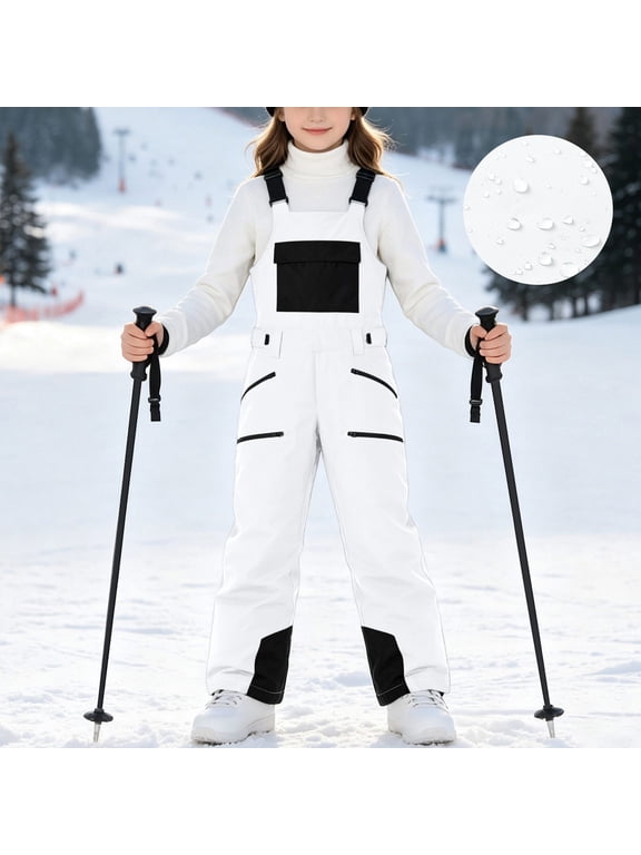Girls Bib Snow Pants, Waterproof Multi Pocket Windproof Insulated Kids Ski Pants White Size 10-11T