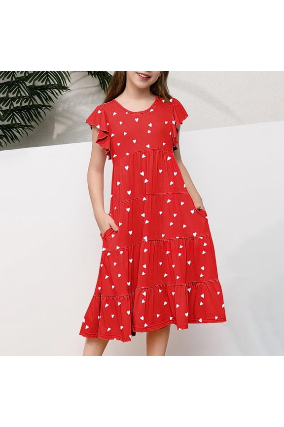 Girls Casual Dress, Shorts Sleeve Printed Midi Length Summer Kids Dresses Red Size 10-11T