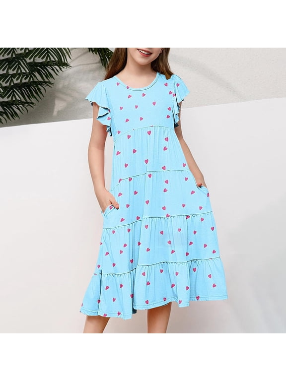 Girls Casual Dress, Shorts Sleeve Summer Printed Midi Length Kids Dresses Blue Size 10-11T