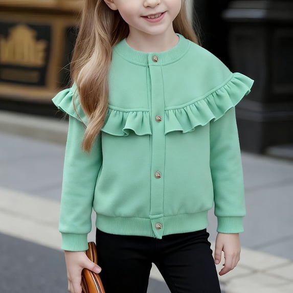 FSYBOA Girls Casual Jacket, Crew Neck Loose Fit Long Sleeve Sports Fall Outerwear Green Size 7-8T